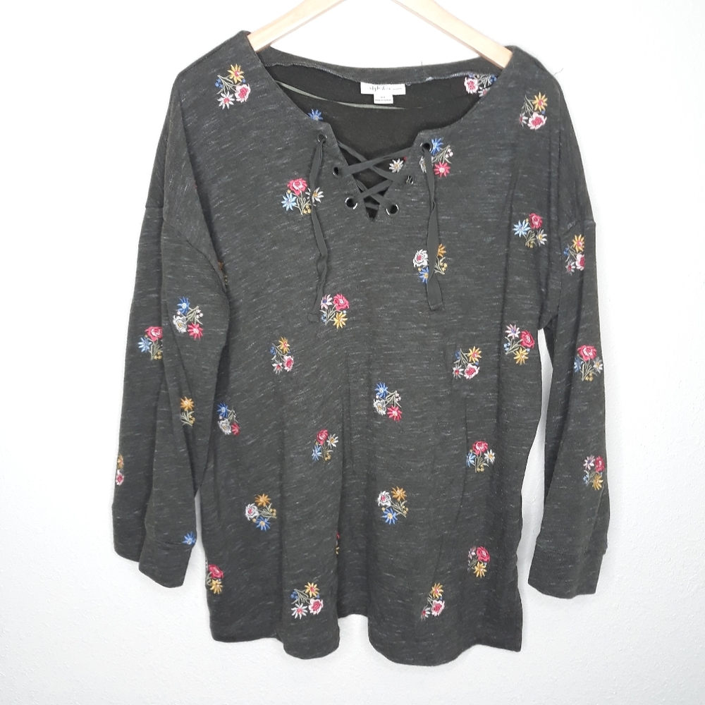 Style & Co. Floral Embroidered Lace-Up Blouse - Black